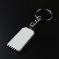 Silver keychain with a blank, rectangular tag placed on a dark surface. The tag has a Royalty Free Stock Photo