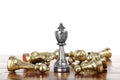 Silver king among fallen golden chess pieces on wooden board against white background Royalty Free Stock Photo