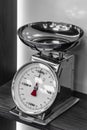 Silver kitchen scales with a red arrow on the shelf