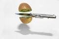 Silver knife cutting floating kiwi with shadows. Royalty Free Stock Photo