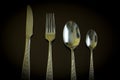 Silver knife, fork, spoon, teaspoon on the dark reflective backdrop. Royalty Free Stock Photo