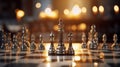 Silver knight chess figures on a chess board with a fire background. Generative AI Royalty Free Stock Photo