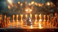 Silver knight chess figures on a chess board with a fire background. Generative AI Royalty Free Stock Photo