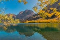 Silver Lake and a fisherman and boat  are  surrounded by fall color in California Royalty Free Stock Photo