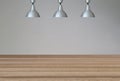 Silver lamps on the ceiling and a backdrop on a concrete wall wi