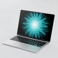 Silver Laptop with Abstract Cyan Floral Screen Display on White Background computer notebook Royalty Free Stock Photo