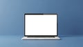 Silver Laptop with Blank White Screen on a Blue Surface and Background computer notebook Royalty Free Stock Photo