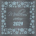 Silver and light blue square wish card new year 2024 written in french with stars and snowflakes -