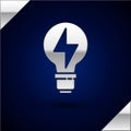 Silver Light bulb with lightning symbol icon isolated on dark blue background. Light lamp sign. Idea symbol. Vector Royalty Free Stock Photo