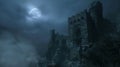 The silver light of the moon illuminates the eerily beautiful ruins of an ancient castle its once grand structure now a