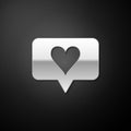 Silver Like and heart icon isolated on black background. Counter Notification Icon. Follower Insta. Long shadow style