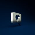 Silver Like and heart icon isolated on blue background. Counter Notification Icon. Follower Insta. Minimalism concept