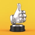 Silver like symbol Trophy on yellow background. 3D Render Cartoon thumb up