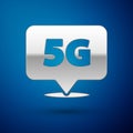 Silver Location 5G new wireless internet wifi connection icon isolated on blue background. Global network high speed