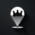 Silver Location king crown icon isolated on black background. Long shadow style. Vector