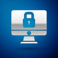 Silver Lock on computer monitor screen icon isolated on blue background. Security, safety, protection concept. Safe