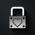 Silver Lock and heart icon isolated on black background. Locked Heart. Love symbol and keyhole sign. Valentines day