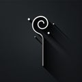 Silver Magic staff icon isolated on black background. Magic wand, scepter, stick, rod. Long shadow style. Vector