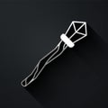 Silver Magic staff icon isolated on black background. Magic wand, scepter, stick, rod. Long shadow style. Vector