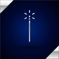 Silver Magic wand icon isolated on dark blue background. Star shape magic accessory. Magical power. Vector Illustration. Royalty Free Stock Photo