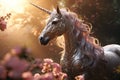 a silver magical unicorn with a pink mane stands in the garden among flowers at sunset Royalty Free Stock Photo