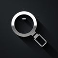 Silver Magnifying glass icon isolated on black background. Search, focus, zoom, business symbol. Long shadow style Royalty Free Stock Photo