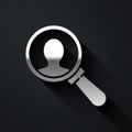 Silver Magnifying glass for search a people icon isolated on black background. Recruitment or selection concept. Search Royalty Free Stock Photo