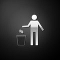 Silver Man throwing trash into dust bin icon isolated on black background. Recycle symbol. Trash can sign. Long shadow Royalty Free Stock Photo