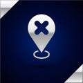 Silver Map pin with cross mark icon isolated on dark blue background. Navigation, pointer, location, map, gps, direction Royalty Free Stock Photo