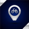 Silver Map pointer with bicycle icon isolated on dark blue background. Vector Royalty Free Stock Photo
