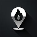 Silver Map pointer with fire flame icon isolated on black background. Fire nearby. Long shadow style. Vector Royalty Free Stock Photo