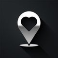 Silver Map pointer with heart icon isolated on black background. Valentines day. Love location. Romantic map pin. Long Royalty Free Stock Photo