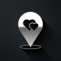 Silver Map pointer with heart icon isolated on black background. Valentines day. Love location. Romantic map pin. Long Royalty Free Stock Photo