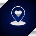 Silver Map pointer with heart icon isolated on dark blue background. Valentines day. Love location. Romantic map pin Royalty Free Stock Photo