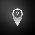 Silver Map pointer with Question symbol icon isolated on black background. Marker location sign. For location maps Royalty Free Stock Photo