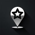 Silver Map pointer with star icon isolated on black background. Star favorite pin map icon. Map markers. Long shadow Royalty Free Stock Photo