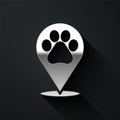 Silver Map pointer with veterinary medicine hospital, clinic or pet shop for animals icon isolated on black background Royalty Free Stock Photo