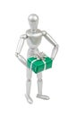 Silver marionette holding a green gift box Royalty Free Stock Photo