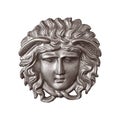 Silver mask of the Greek goddess in the old palace interior. Design element with clipping path