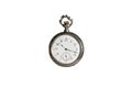 Silver mechanical antique pocket watch on white isolated background. Retro pocketwatch with second, minute and hour hand