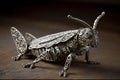 Silver mechanical grasshopper, intricate design, on dark wood