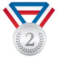 Silver medal. Award ceremony sport icon. Blue white and red ribbon. Royalty Free Stock Photo