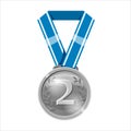 Silver medal blue ribbon with relief detail. Silver medal for second place. Cartoon realistic icon on a white background Royalty Free Stock Photo