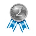 Silver medal blue ribbon with relief detail. Silver medal for second place. Cartoon realistic icon on a white background Royalty Free Stock Photo