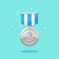 Silver medal with blue ribbon for second place. Trophy, winner award isolated on background. Badge icon. Sport, business Royalty Free Stock Photo