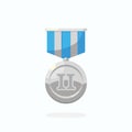 Silver medal with blue ribbon for second place. Trophy, winner award isolated on white background. Badge icon. Sport, business Royalty Free Stock Photo