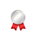 Silver medal. Golden winner award with red ribbon. Vector blank medallion prize. Royalty Free Stock Photo