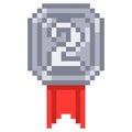 Silver medal, second place trophy 8-bit graphics icon. Pixel art style. Isolated vector illustration.