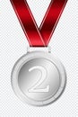 Silver medal. Silver medal with red ribbon. Design winner golden medal prize. Champion winner award medal Royalty Free Stock Photo