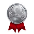 Silver medal, second place. Winner, champion, number two. 2 nd place. Metalworker`s reward. Red ribbon. Isolated on white